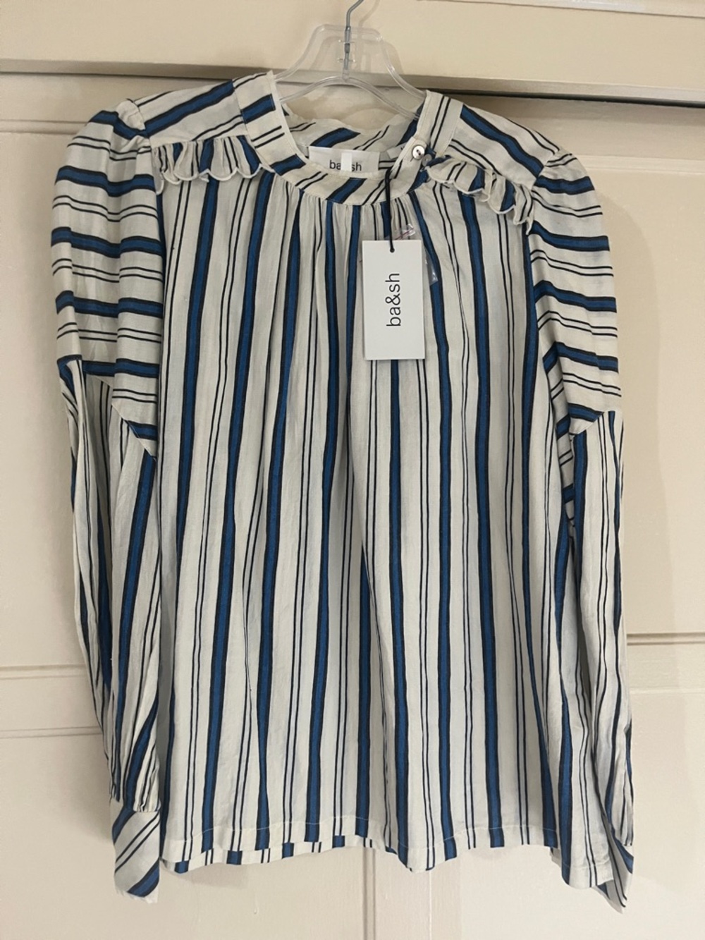 ba&sh White and Blue Vertical Stripe Ruffle-Trim Blouse